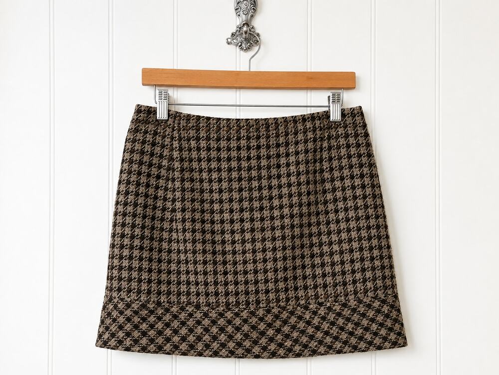 Kenar Wool Blend Houndstooth Mini Skirt Brown Plaid Lined Women's Size 2